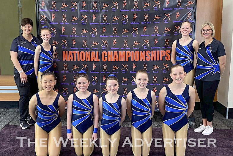 NATIONAL ACCOLADE: Horsham Holy Trinity Lutheran College aerobics team ‘Energetix’, from left, Maya Przibilla, Aizla Shrestha, Sapphire Schirmer, Alyssa Stewart, Lauren Rudolph, Charlotte Matuschka and Bonnie Grieger, with coaching team Amanda Wik and Tarn McDonald won the School Aerobics National Championship.