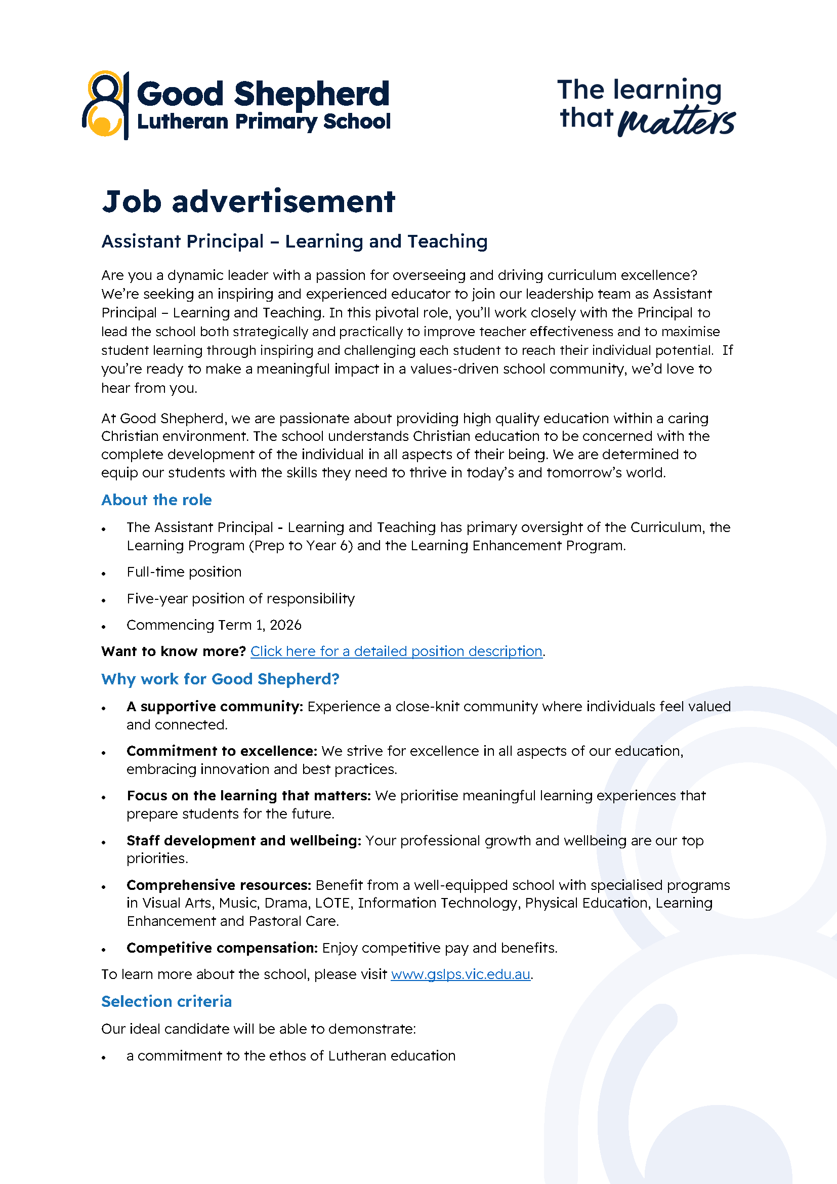 2026 Assistant Principal - Learning and Teaching Job advertisement_Page_1