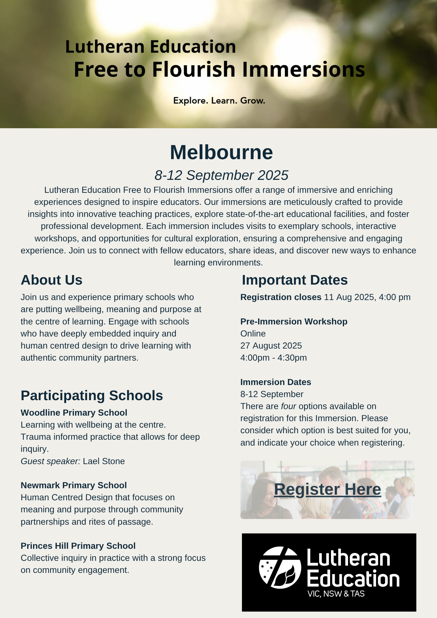 Lutheran Education Free to Flourish Immersions offer a range of immersive and enriching experiences designed to inspire educators. Our immersions are meticulously crafted to provide insights into